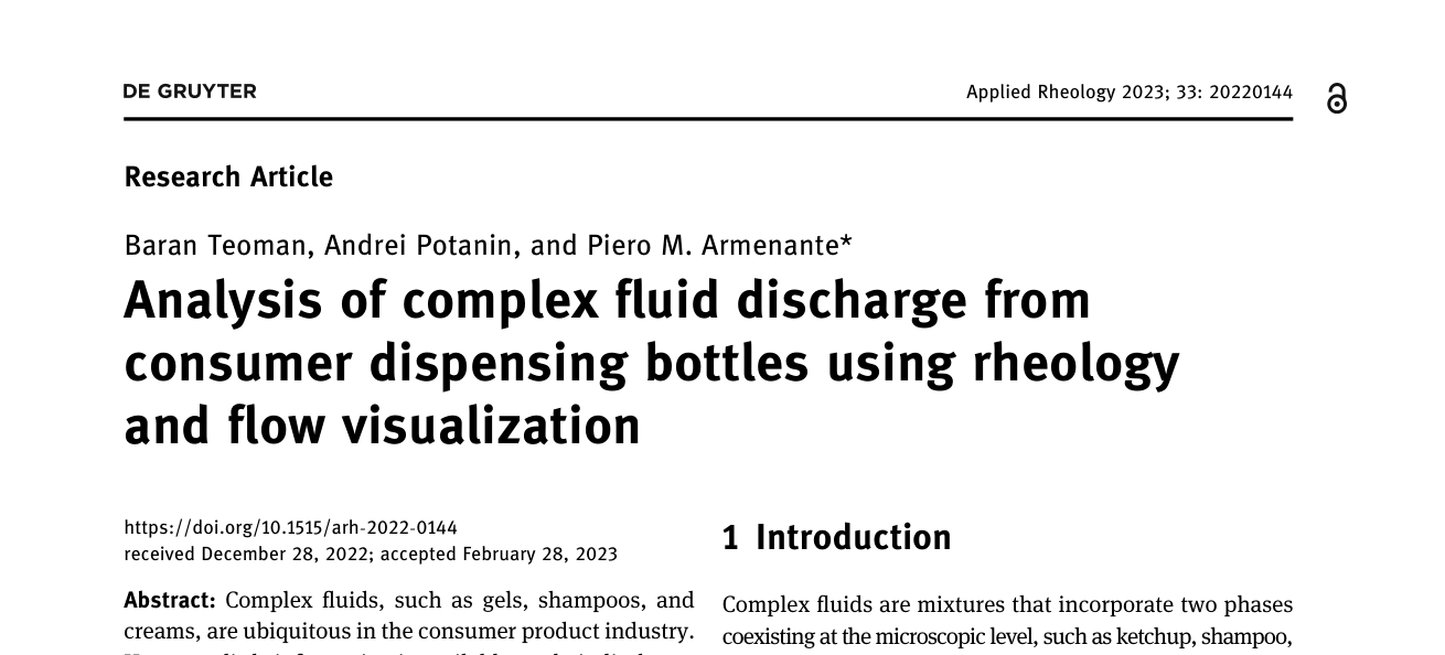 Analysis of complex fluid discharge from consumer dispensing bottles using rheology and flow visualization — journal paper header