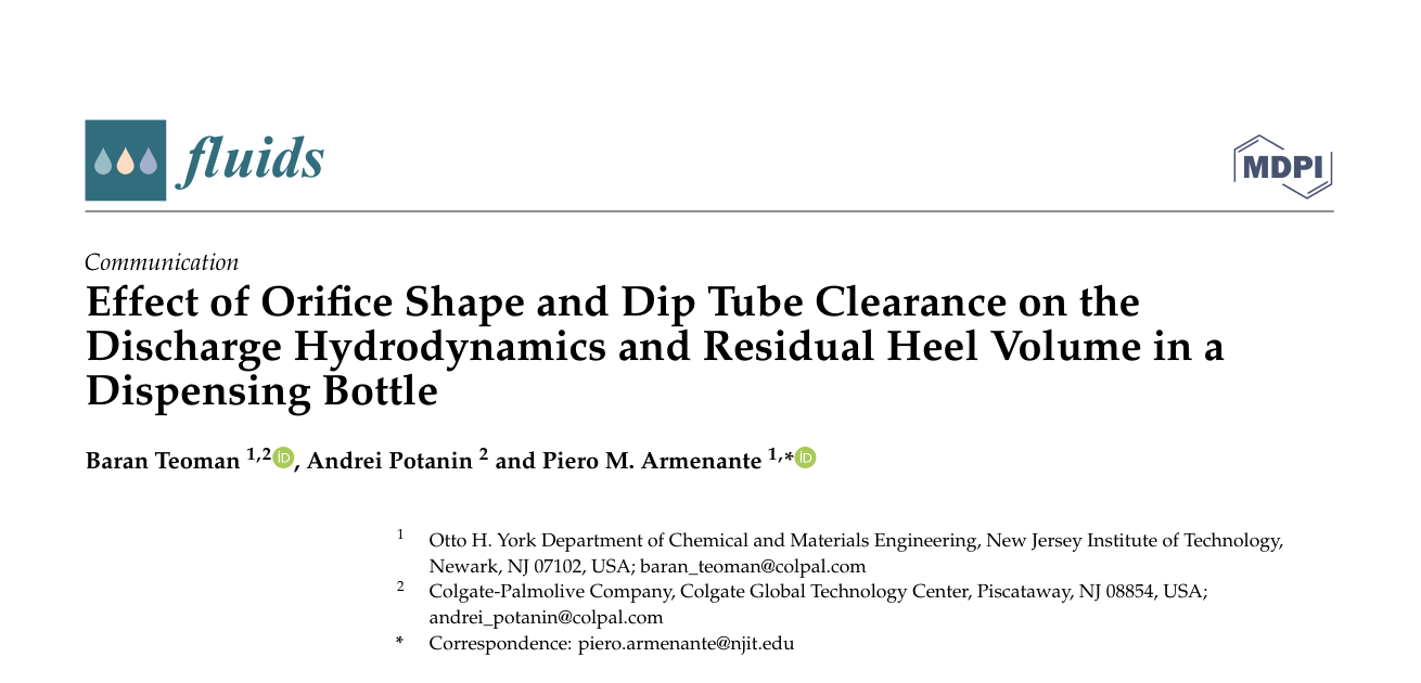 Effect of Orifice Shape and Dip Tube Clearance on the Discharge Hydrodynamics and Residual Heel Volume in a Dispensing Bottle — journal paper header