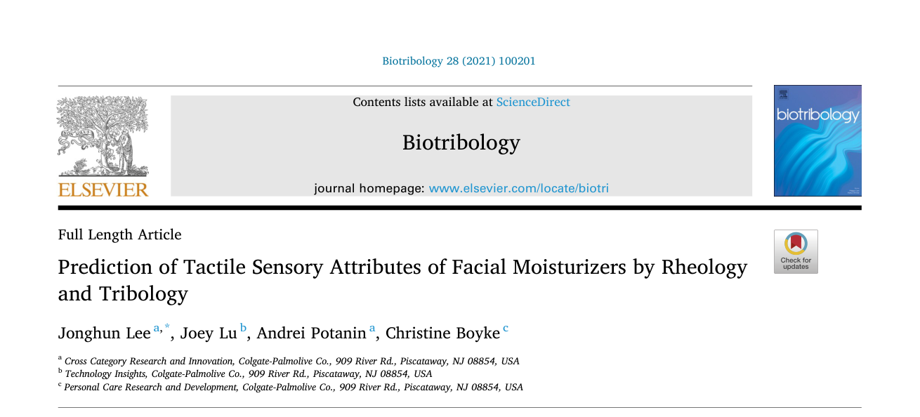 Prediction of Tactile Sensory Attributes of Facial Moisturizers by Rheology and Tribology — journal paper header