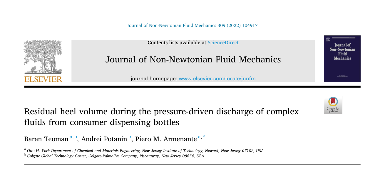 Residual heel volume during the pressure-driven discharge of complex fluids from consumer dispensing bottles — journal paper header