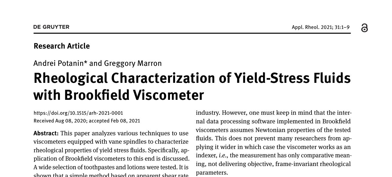 Rheological Characterization of Yield-Stress Fluids with Brookfield Viscometer — journal paper header