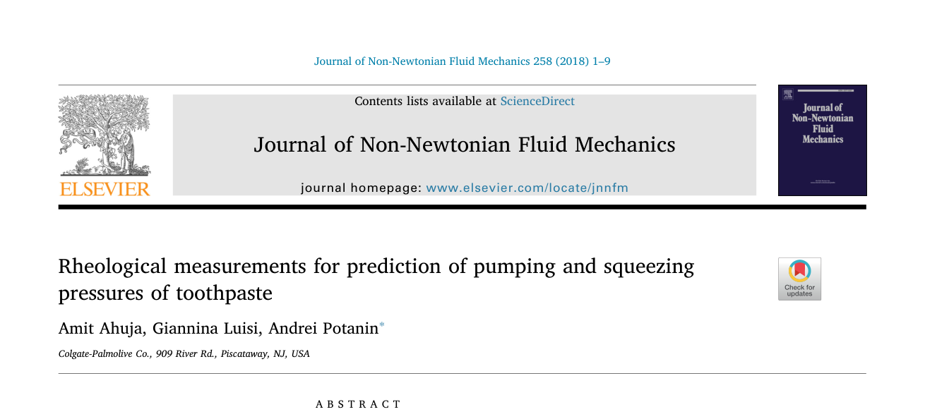 Rheological measurements for prediction of pumping and squeezing pressures of toothpaste — journal paper header
