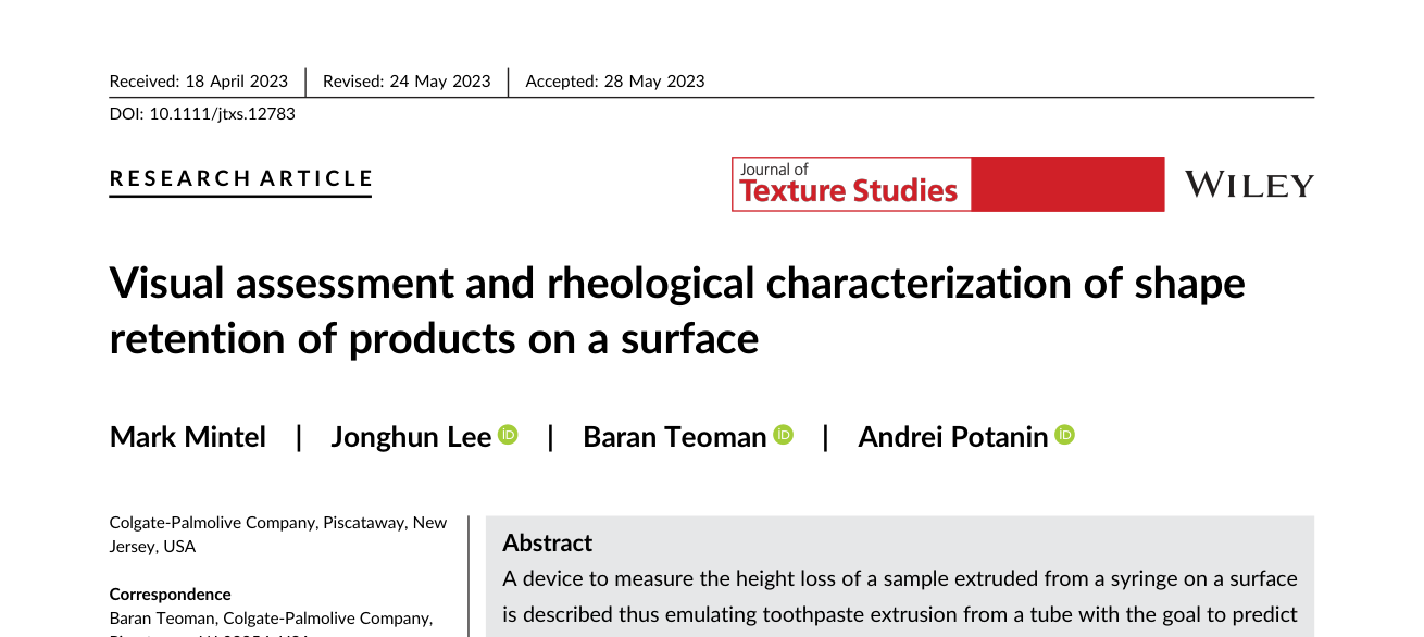 Visual assessment and rheological characterization of shape retention of products on a surface — journal paper header